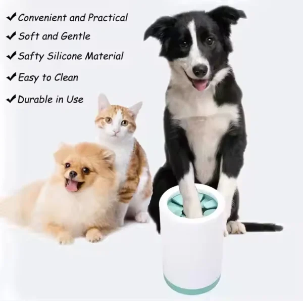 Various cat and dog breeds with clean paws, demonstrating the Paw Cleaner Cup's versatility
