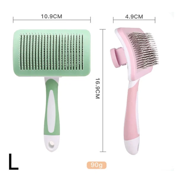 Multiple views and size of the stainless steel pet hair comb showing its durable design
